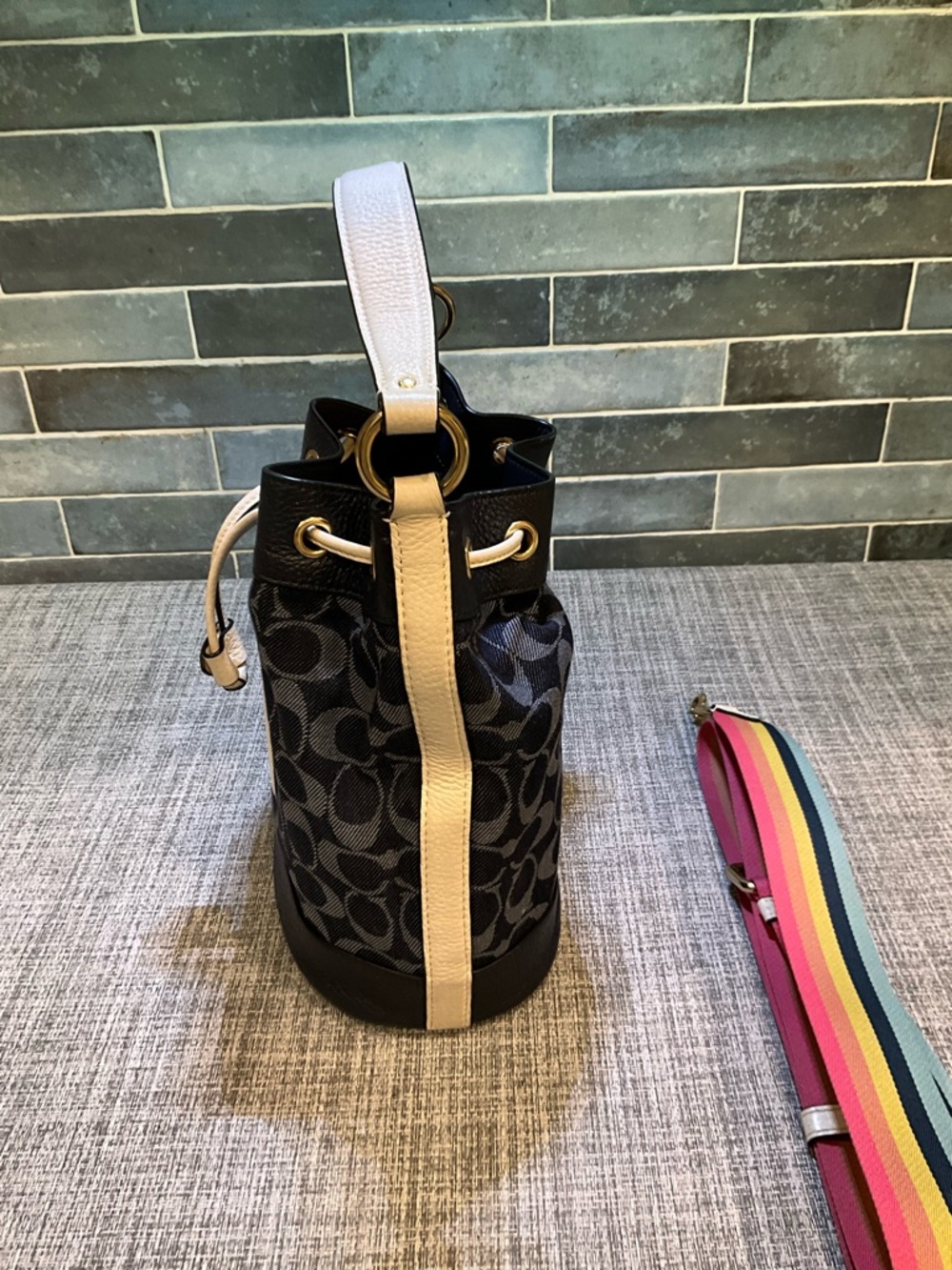 Coach Dempsey Navy Signature Bucket Bag with Tan Accents and Rainbow Strap - Picture 7 of 12